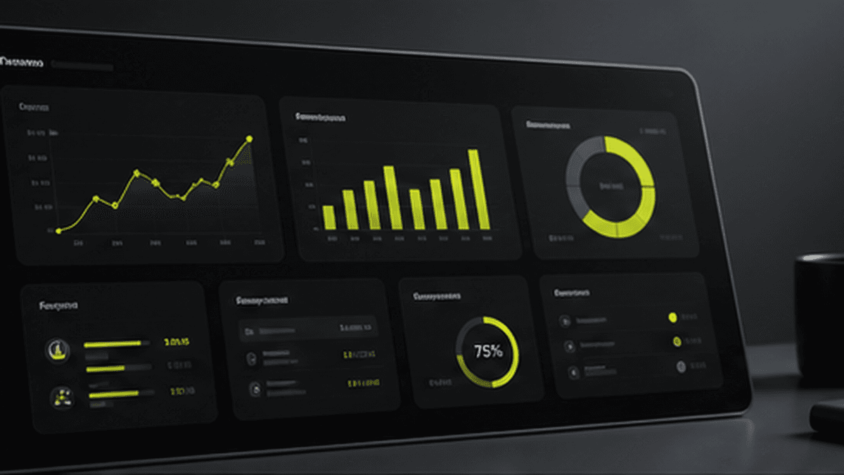 Dark business owner dashboard with sales charts, lead panels, stock indicators, and cash metrics
