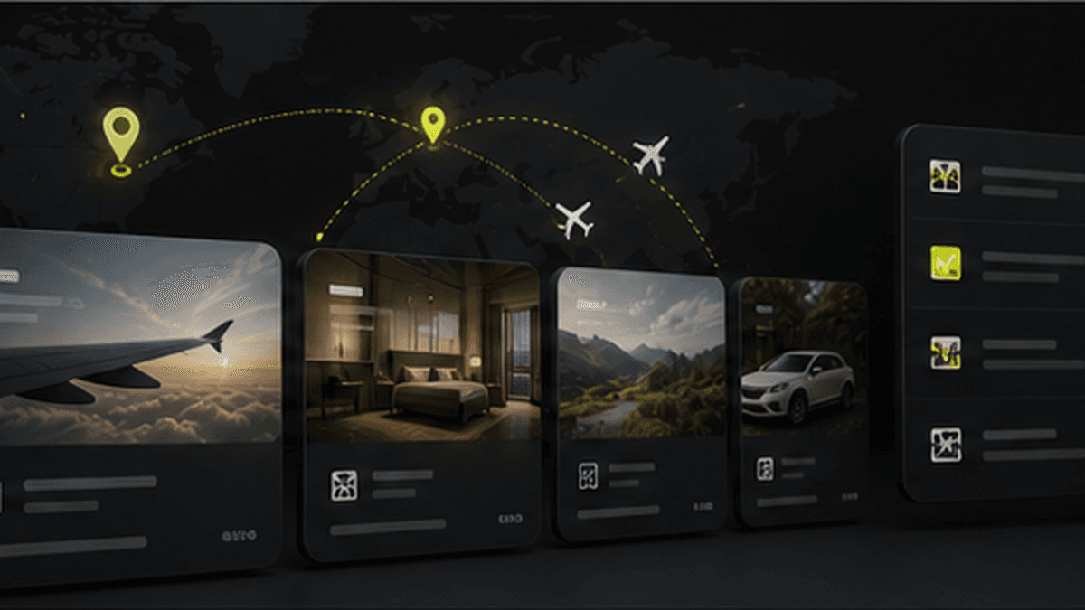 Travel CRM interface showing booking cards, trip routes, customer stages, and payment status