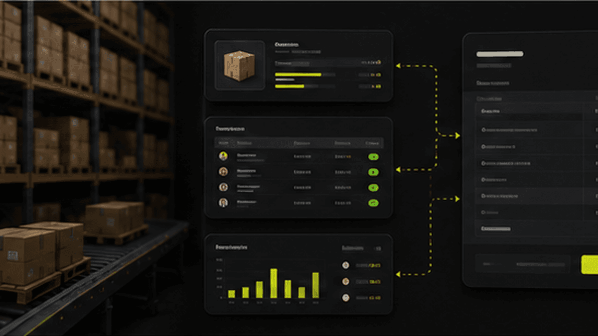 Custom ERP interface beside warehouse inventory with billing, stock, and order tracking panels